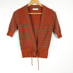 Topshop Knit Burnt Orange Stripe Cardigan Tie-Front Short Sleeve Sweater Size 8